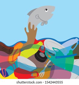 A fish escape from plastic dirty ocean.