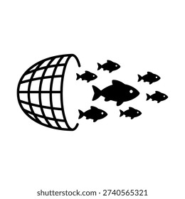 Fish escaping from a net icon. Concept of freedom, opportunity, escaping danger, or thinking differently. Fishing vector