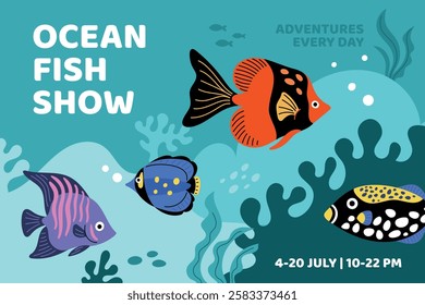 Fish exhibition. Invitational poster. Tropical marine life. Underwater colorful inhabitants. Oceanarium flyer. Swimming angelfish. Aquarium animals. Coral reef. Garish