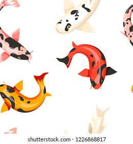 Fische exotische kalte blütige Tiere nahtlose Muster Vektor. Verschiedene Arten einzigartiger und seltener Kreaturen, die im Wasser wohnen. Meeres- und Ozeanbewohner mit Flossen, Schwimmfauna und Flora unter See