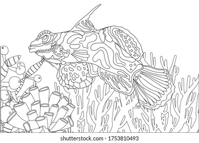 Fish exotic coloring. Antistress coloring page. Sea creatures. Ocean fish. Vector illustration.