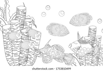 Fish exotic coloring. Antistress coloring page. Sea creatures. Ocean fish. Vector illustration.