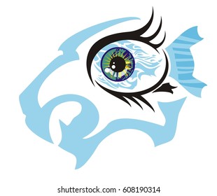 Fish eye concept against aggressive lion head. An abstract eye symbol - the furious blue lion's head and fish inside