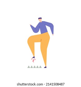 fish eye disease, calluses, Clavus. hit by a nail or thorn. A man feels pain in the soles of his feet when walking. disease. health problem. flat cartoon illustration. concept design