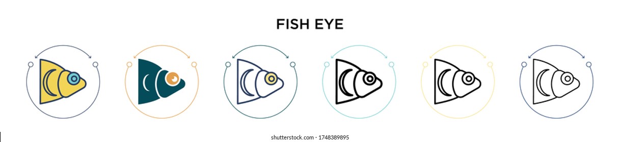 Fish eye icon in filled, thin line, outline and stroke style. Vector illustration of two colored and black fish eye vector icons designs can be used for mobile, ui, web