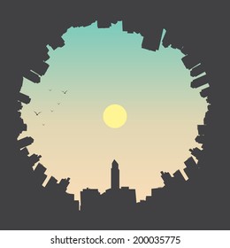 Fish eye View of a City Skyline - Vector Illustration