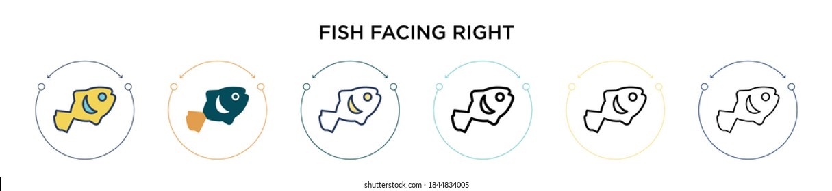 Fish facing right icon in filled, thin line, outline and stroke style. Vector illustration of two colored and black fish facing right vector icons designs can be used for mobile, ui, web
