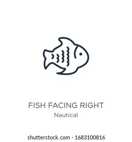 Fish facing right icon. Thin linear fish facing right outline icon isolated on white background from nautical collection. Line vector sign, symbol for web and mobile