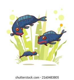 A Fish Family, Isolated Vector Illustration. Colored Cartoon Illustration Of Mother, Father, And Baby Fish Floating Against The Algae Background. A Simple Drawing Of Three Fish At The Ocean Bottom