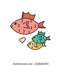 Fischfamilie. Mama Fisch und zwei Babys im süßen Doodle-Stil. Vektorgrafik von Cartoon Umrissseaboden für Kinder. 