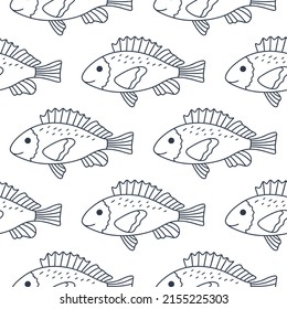 Fish family seamless pattern vector illustration. Marine model with fish doodle style. Template for textiles, baby things design, wallpaper and paper. Black underwater fish on white background