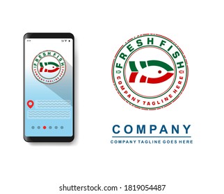 Fish Farm concept logo. Template with farm and fish. Label for natural Fish products. color logotype isolated on white background. Vector illustration.