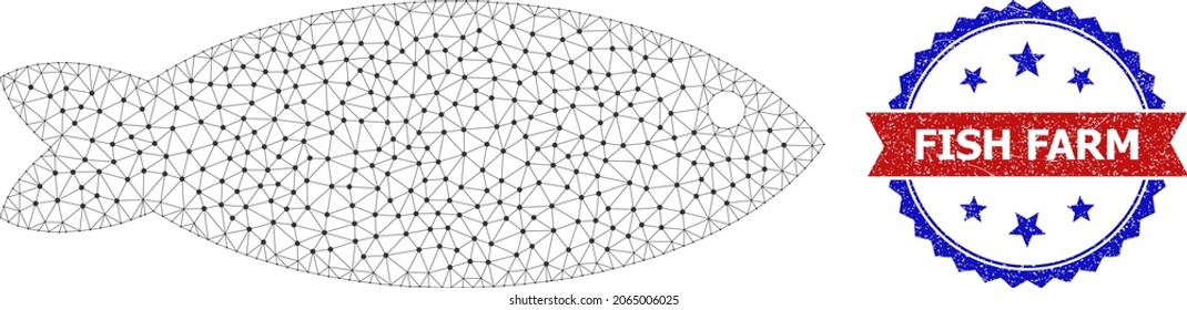 Fish Farm grunge seal imitation, and fish icon mesh structure. Red and blue bicolor seal includes Fish Farm text inside ribbon and rosette. Abstract 2d mesh fish, designed with flat mesh.