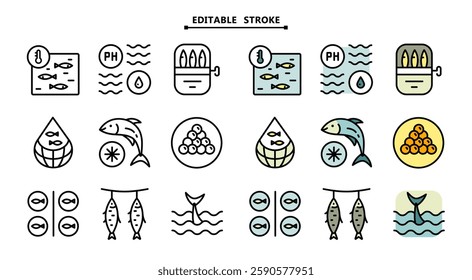 Fish farm icons set. Editable stroke. Color set of fish farm icons. Simple vector illustration for mobile concept and web design.