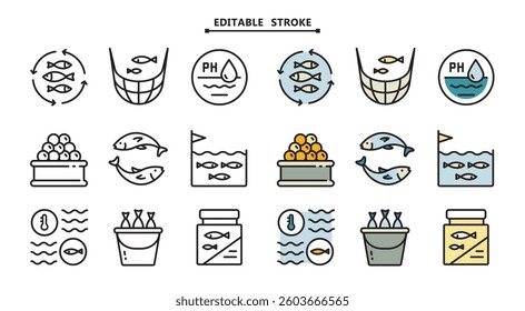 Fish farm icons set. Editable stroke. Color set of fish farm icons. Simple vector illustration for mobile concept and web design.