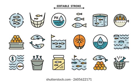 Fish farm icons set. Editable stroke. Set of fish farm icons. Simple vector illustration for mobile concept and web design.