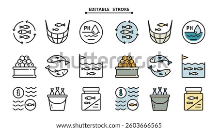Fish farm icons set. Editable stroke. Color set of fish farm icons. Simple vector illustration for mobile concept and web design.