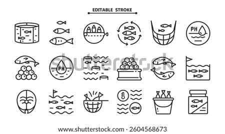Fish farm icons set. Editable stroke. Set of fish farm icons. Simple vector illustration for mobile concept and web design.