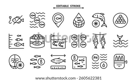 Fish farm icons set. Editable stroke. Color set of fish farm icons. Simple vector illustration for mobile concept and web design.