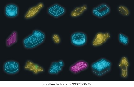 Fish farm icons set. Isometric set of fish farm vector icons neon color on black