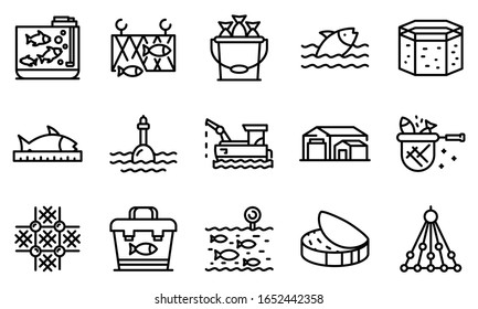 Fish farm icons set. Outline set of fish farm vector icons for web design isolated on white background