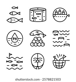 Fish farm icons set. Outline set of fish farm icons. Simple vector illustration for mobile concept and web design.