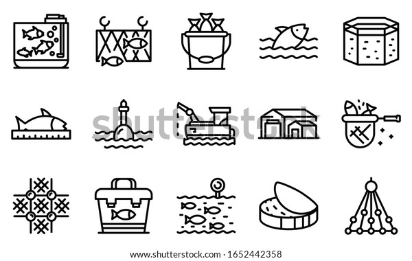 Fish farm icons set.\
Outline set of fish farm vector icons for web design isolated on\
white background