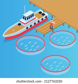 Fish Farm Industry Isometric 3d Vector Concept For Banner, Website, Illustration, Landing Page, Flyer, Etc.