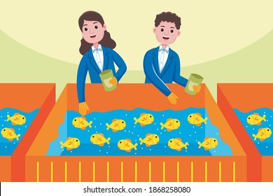 Fish Farmer Profession with vector illlustration. Flat design with cartoon characters.