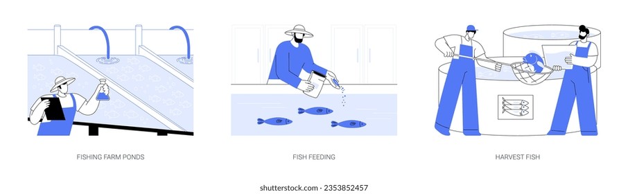 Fish farming abstract concept vector illustration set. Fishing farm ponds and pools, fish feeding, marine harvesting, commercial seafood production, aquaculture industry abstract metaphor.
