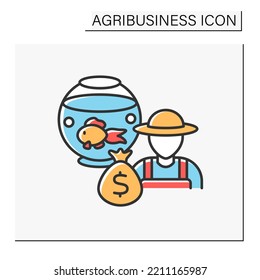 Fish Farming Color Icon. Pisciculture. Commercial Breeding Of Fish. Market Sale For Food.Agribusiness Concept. Isolated Vector Illustration