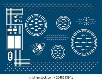 Fish farming. Farmed aquaculture meal technology vector illustration, salmon cages and harvest vessel sea farm industry equipment and maintenance images