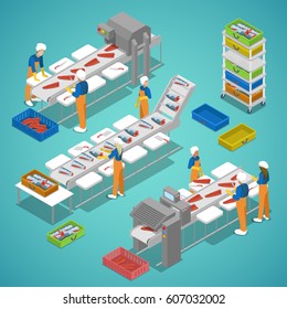 Fish Farming Industry With Conveyor And Workers. Vector Flat 3d Isometric Illustration