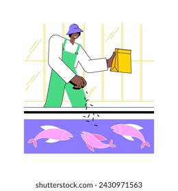 Fischzucht isolierte Cartoon Vektor-Illustrationen. Bauer wirft Nahrung in den Pool mit Fisch, Landwirtschaft Industrie, Landarbeiter, Produktionssektor, Tiere, die Vektorkarikaturen züchten.