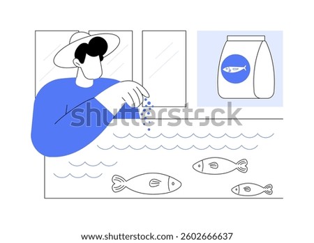 Fish farming isolated cartoon vector illustrations. Farmer throws food into the pool with fish, agriculture industry, agribusiness worker, production sector, animals rearing vector cartoon.