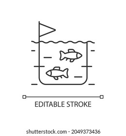 Fish farming linear icon. Pisciculture production industry. Fish breeding for trade. Seafood. Thin line customizable illustration. Contour symbol. Vector isolated outline drawing. Editable stroke