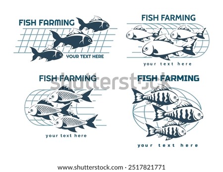 Fish farming logo set. Seafood cultivation factory emblems isolated vector illustration