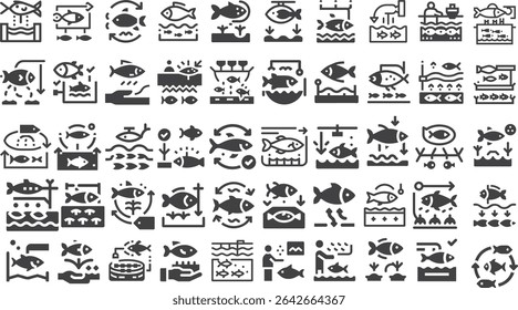 Fish Farming Práticas de gestão agrícola adequadas Ícone Símbolo Set.eps, estilo de contorno pictogramas pacote isolado no fundo branco. Gráficos vetoriais. ilustração de stock