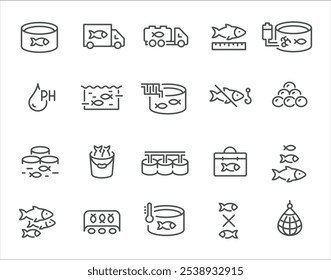 Ilustración vectorial de conjunto de iconos de arte de línea minimalista de procesamiento de fábrica de mariscos de piscicultura. Industria de la granja de pesca tecnología de cultivo acuicultura cría medición de filtración concepto de agricultura