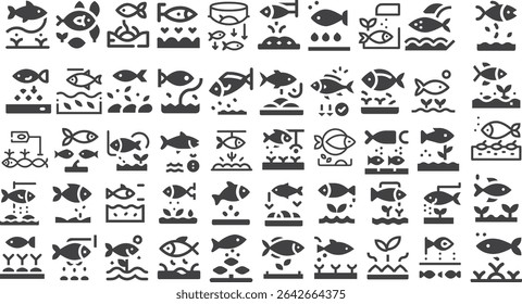 Fish Farming Source Quality Seed Icon Symbol Set.eps, web symbols, outline style pictograms package isolated on white background. Vector graphics. stock illustration