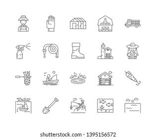 Fish and farms  line icon signs. Linear vector outline illustration set concept.