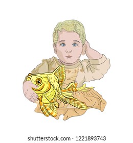 fish fat. girl with a goldfish. children's illustration. concept of wish fulfillment. vector illustration on white isolated layer in sketching style