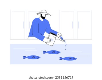 Fish feeding abstract concept vector illustration. Farmer throwing food into pool with fish, agribusiness worker, production sector, animals rearing, aquaculture industry abstract metaphor.