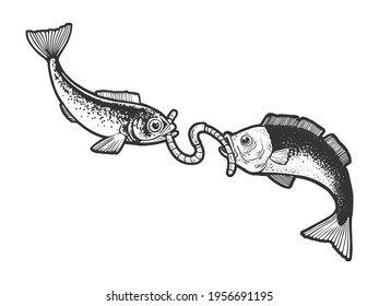 Fish fight for the worm sketch engraving vector illustration. T-shirt apparel print design. Scratch board imitation. Black and white hand drawn image.