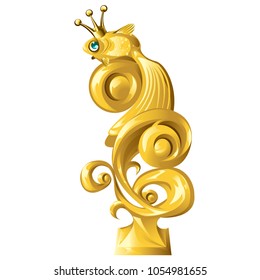 Fish figurine made of gold isolated on white background. Vector cartoon close-up illustration.