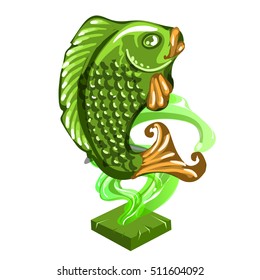 Fish figurine made of jade isolated on white background. Statuette of nephrite in the Oriental style. Vector illustration close-up.