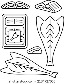 Fish fillet icon set. Bacalhau cod fish portuguese dish vector illustration in black outline design.