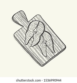 Fish fillet  on the kitchen board. Hand drawn vector illustration