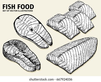 Fish Fillet. Pieces Of Salmon, Sketch Vector Illustration.