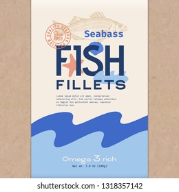 Fish Fillets. Abstract Vector Fish Packaging Design or Label. Modern Typography, Hand Drawn Sea Bass Silhouette and Colorful Elements. Craft Paper Background Layout.